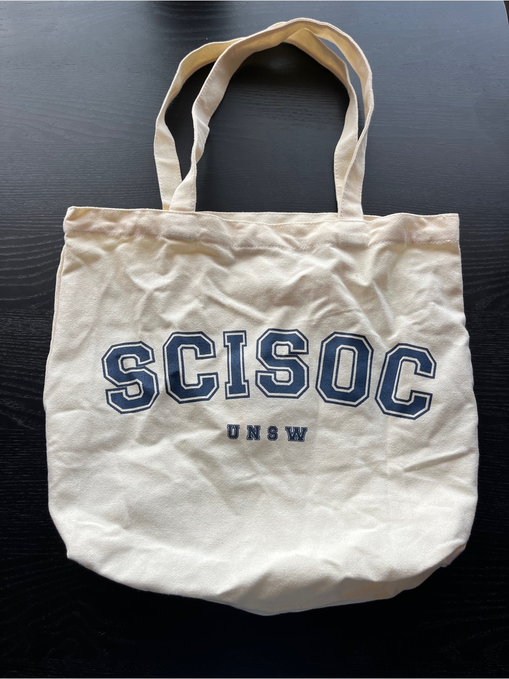 UNSW SCISOC Off White Canvas Tote Bag Small Navy Blue Graphic Print Pockets
